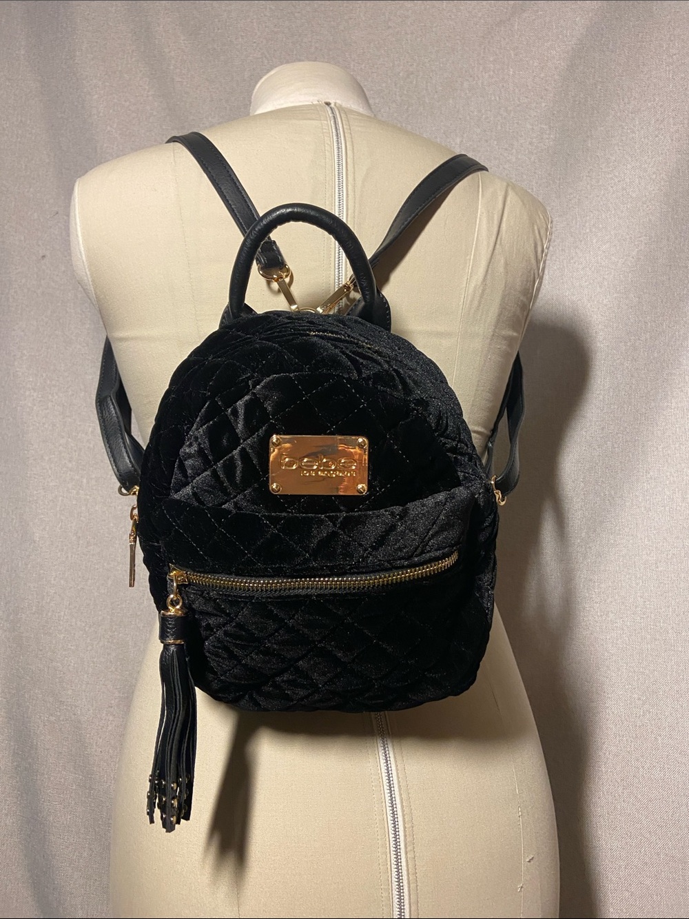 Bebe Black Quilted Velvet Mini Backpack